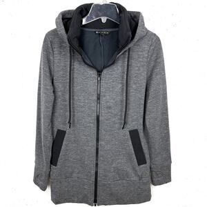 Athleta Victory Long Primaloft Hooded Jacket Full Up Down Zip Gray Black Small